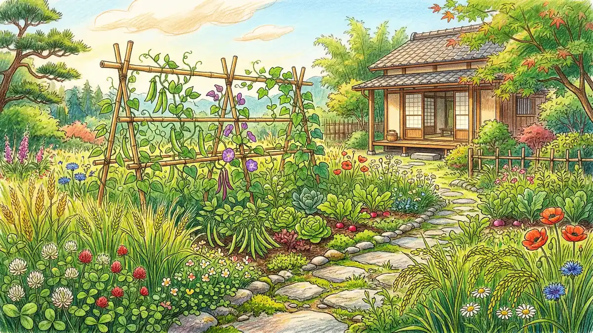 Mixed grain and clover planting in a Japanese-style home garden with wildflowers, bamboo trellis, and diverse ground cover