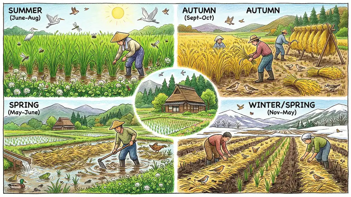 Japanese rice and barley field rotation with white clover ground cover, straw mulch, and birds in a natural farming landscape