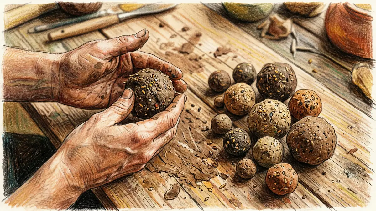 Hands forming clay seed balls on a wooden surface, a traditional natural farming technique developed by Masanobu Fukuoka