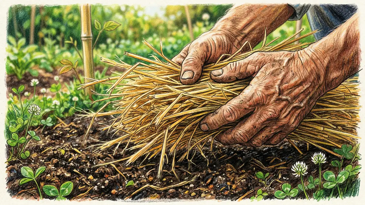 Hands holding golden rice straw mulch over dark rich soil with white clover, a key natural farming material