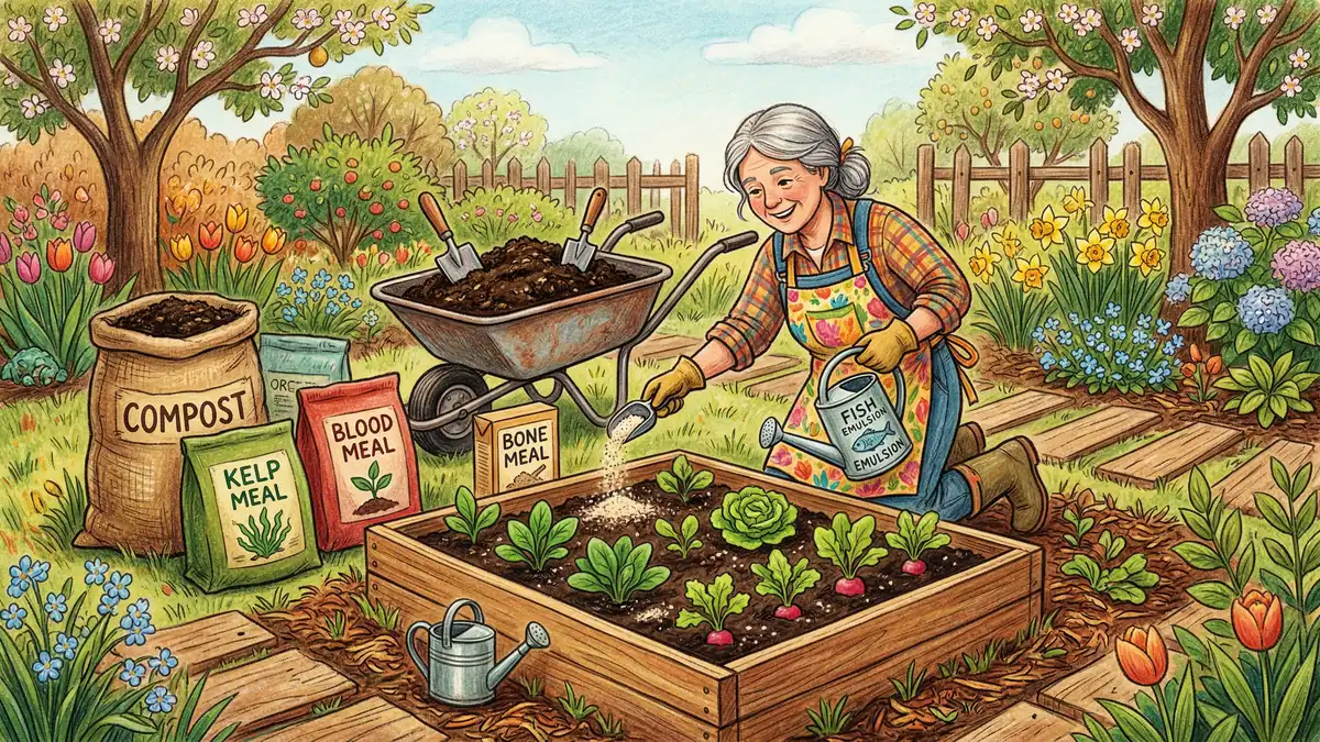 Gardener's hands spreading granular organic fertilizer around the base of vegetable plants in a raised bed, with a measuring scoop and compost pile visible