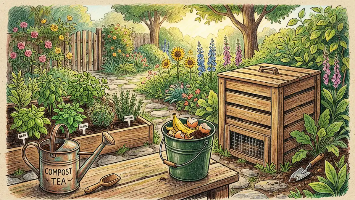 Kitchen counter scene with vegetable scraps, coffee grounds, eggshells, and a compost bucket alongside finished dark compost in a mason jar, demonstrating home fertilizer ingredients