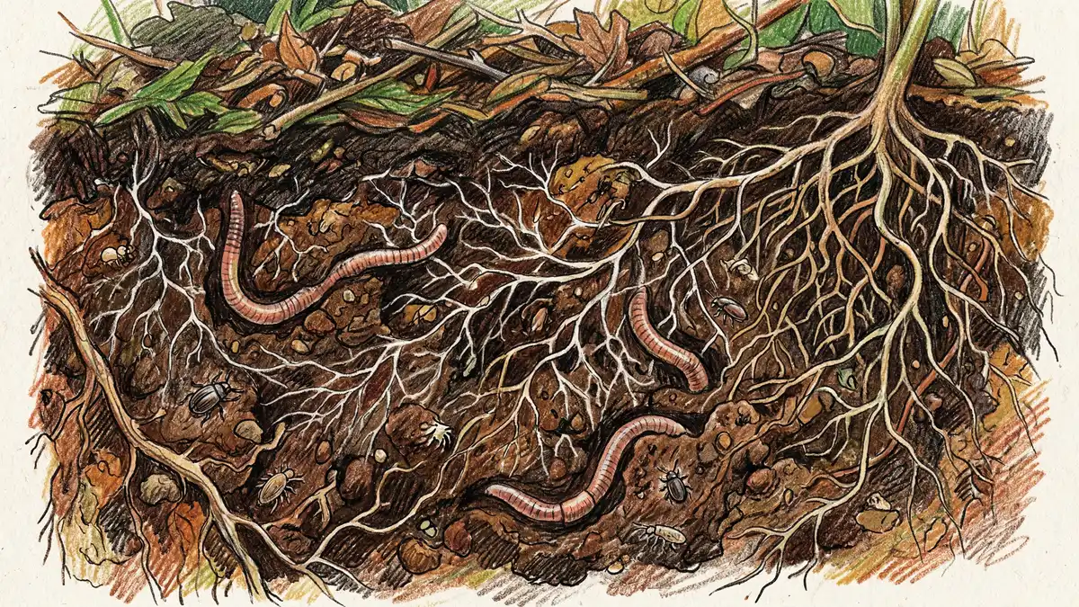 Close-up macro photograph of dark living soil with earthworms, mycorrhizal filaments, and organic matter visible