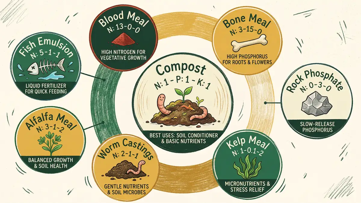 Infographic showing NPK ratios of eight organic amendments (blood meal, bone meal, fish meal, bat guano, alfalfa meal, compost, manure, kelp) displayed as bar charts with color-coded nitrogen, phosphorus, and potassium percentages