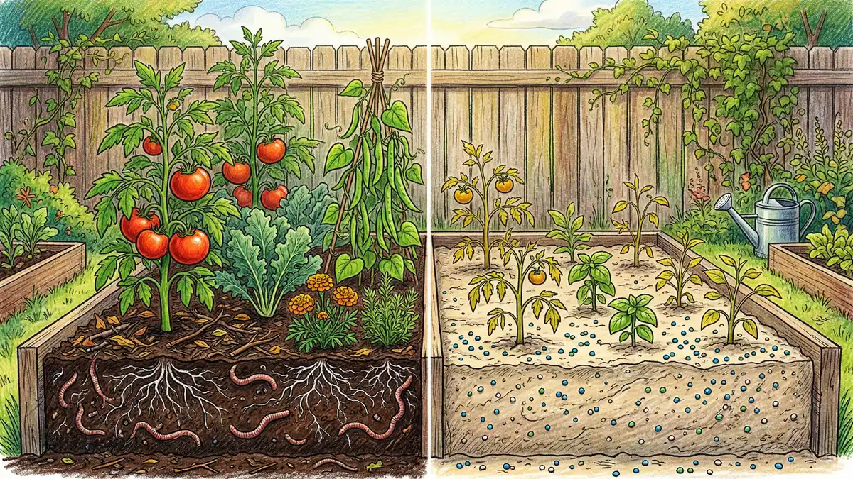 Side-by-side visual comparison of organic soil biology (earthworms, fungi networks, root nodules) versus synthetic fertilizer application in bare, compacted soil