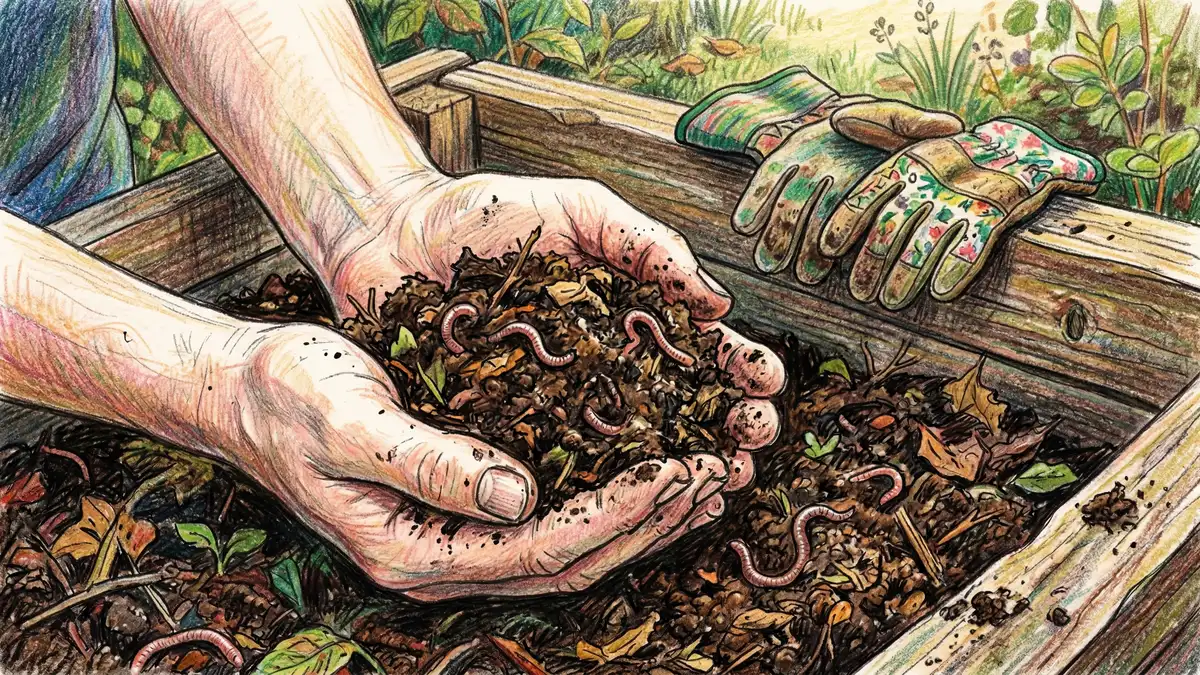 Hands holding dark crumbly finished compost with earthworms from a wooden bin