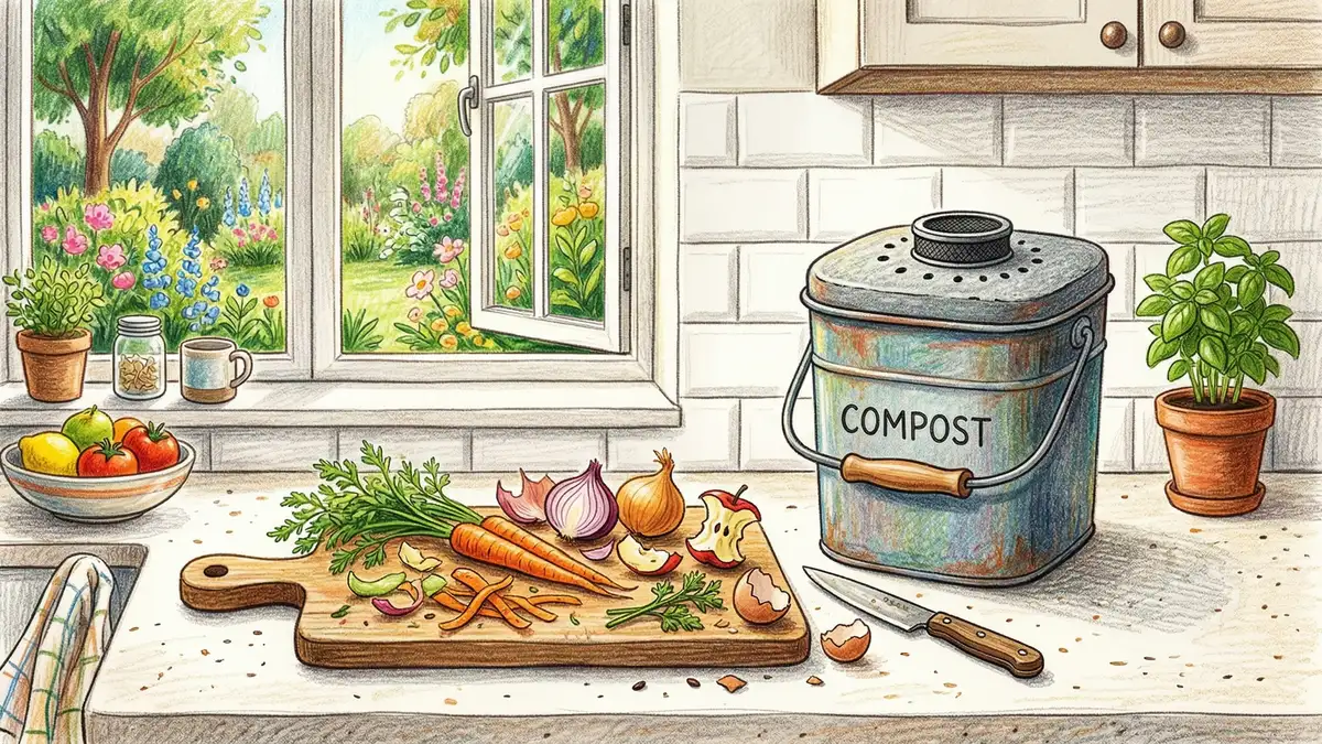 Kitchen countertop compost bin with vegetable peelings eggshells and coffee grounds