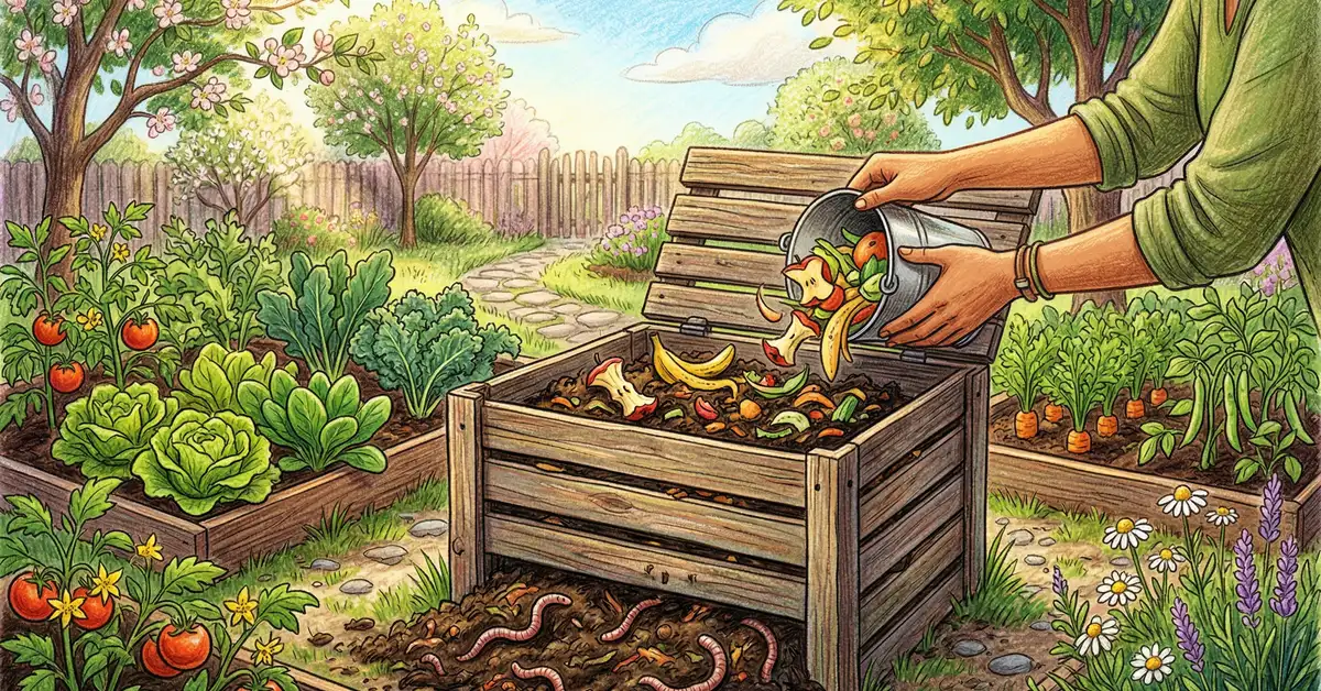 Welcoming backyard compost bin surrounded by garden beds with kitchen scraps being added