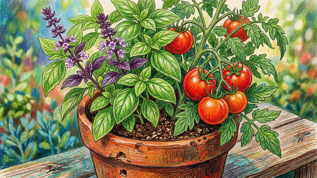 Basil and tomato plants growing together in a terracotta container with ripe red fruit