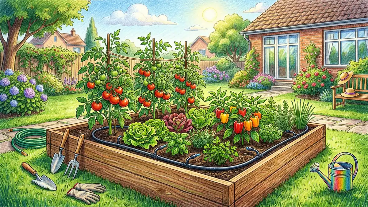 Raised bed garden with tomato plants growing alongside peppers lettuce and herbs