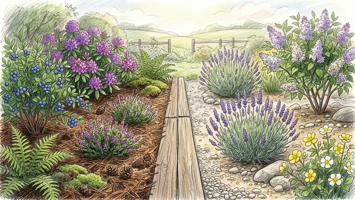 Pencil-crayon garden scene showing healthy vegetables growing in soil with pH testing equipment nearby