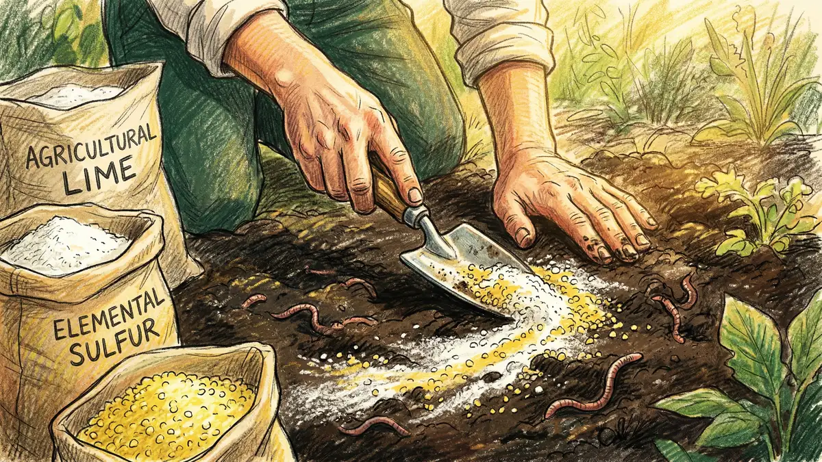 Pencil-crayon illustration of a gardener spreading lime over a vegetable bed in autumn with leaves on the ground