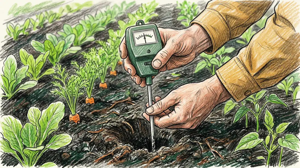 Pencil-crayon close-up of dark compost being added to garden soil