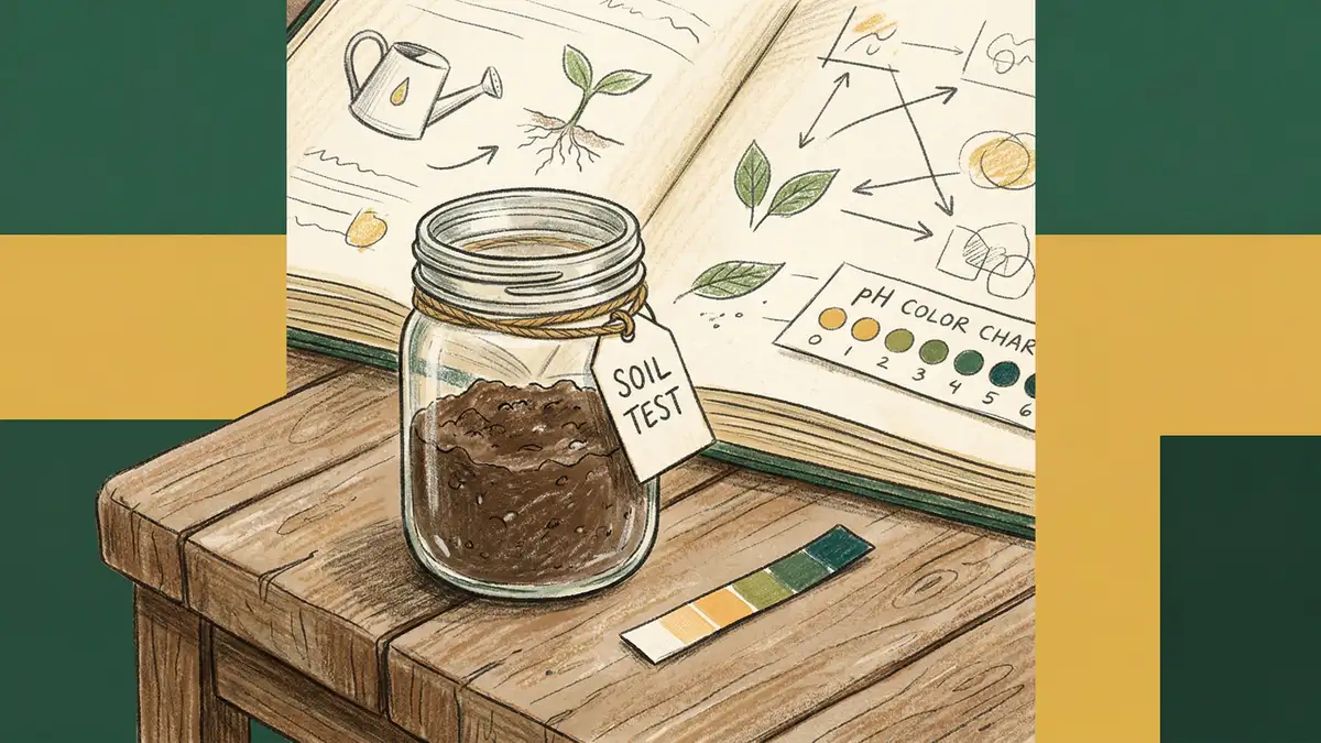 Pencil-crayon illustration of a hand holding a pH test strip in garden soil