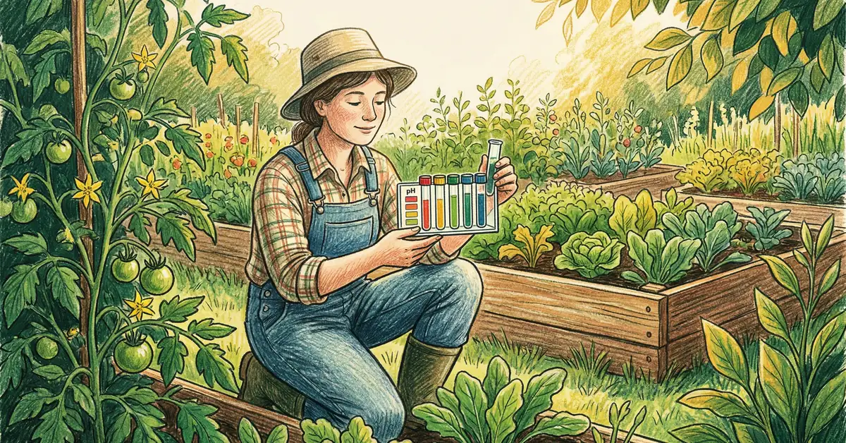 Pencil-crayon illustration of a gardener testing soil pH in a vegetable bed with a meter