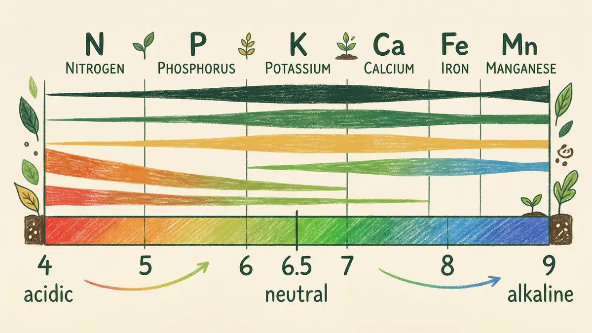 Pencil-crayon infographic showing lime and sulfur application rates by soil texture and target pH change