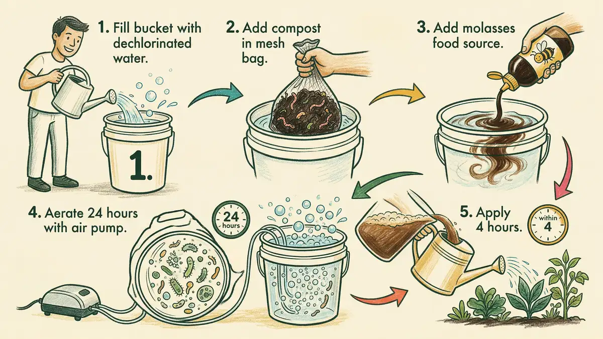 Infographic showing the 5-step compost tea brewing process: dechlorinate water, add compost, add molasses, aerate 24 hours, apply within 4 hours