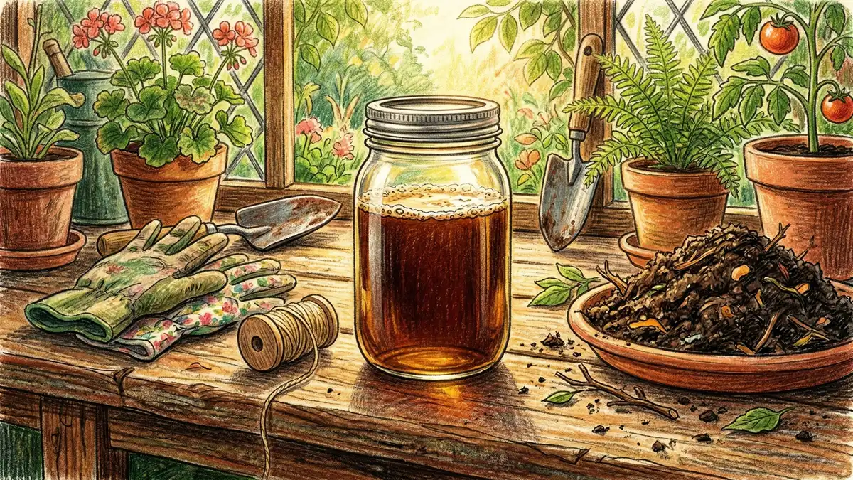 Glass jar of finished amber-colored compost tea on a wooden potting bench with garden gloves and finished compost nearby