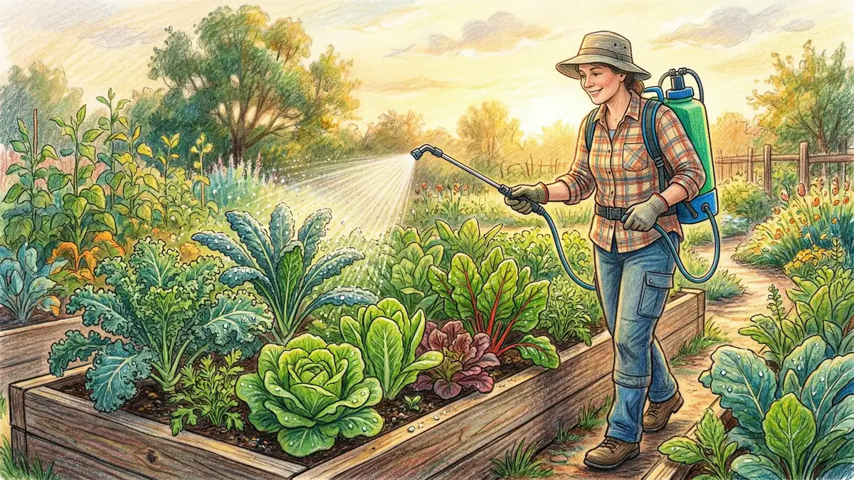 Gardener spraying compost tea as a fine foliar mist onto leafy green vegetable plants in a raised bed at golden hour