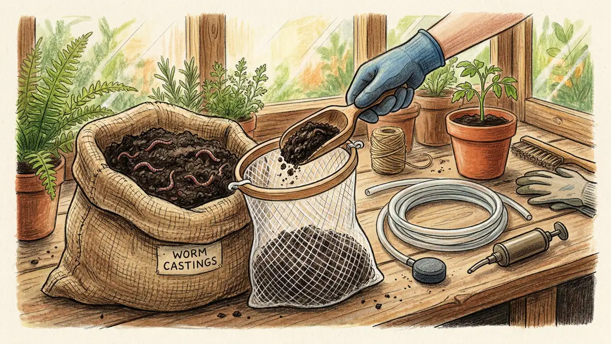 Worm castings being scooped into a mesh strainer bag with aquarium tubing and air stone nearby on a workbench