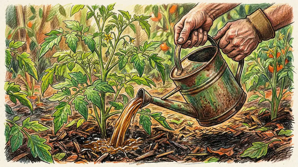 Gardener's hands pouring amber-brown compost tea from a watering can onto the base of healthy tomato plants in mulched soil