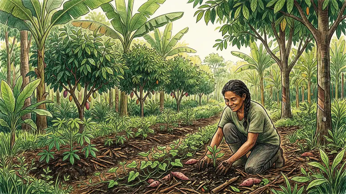 Vertical stratification in a syntropic farm — emergent canopy, banana sub-canopy, cocoa shrub layer, and ground cover of cassava and sweet potato