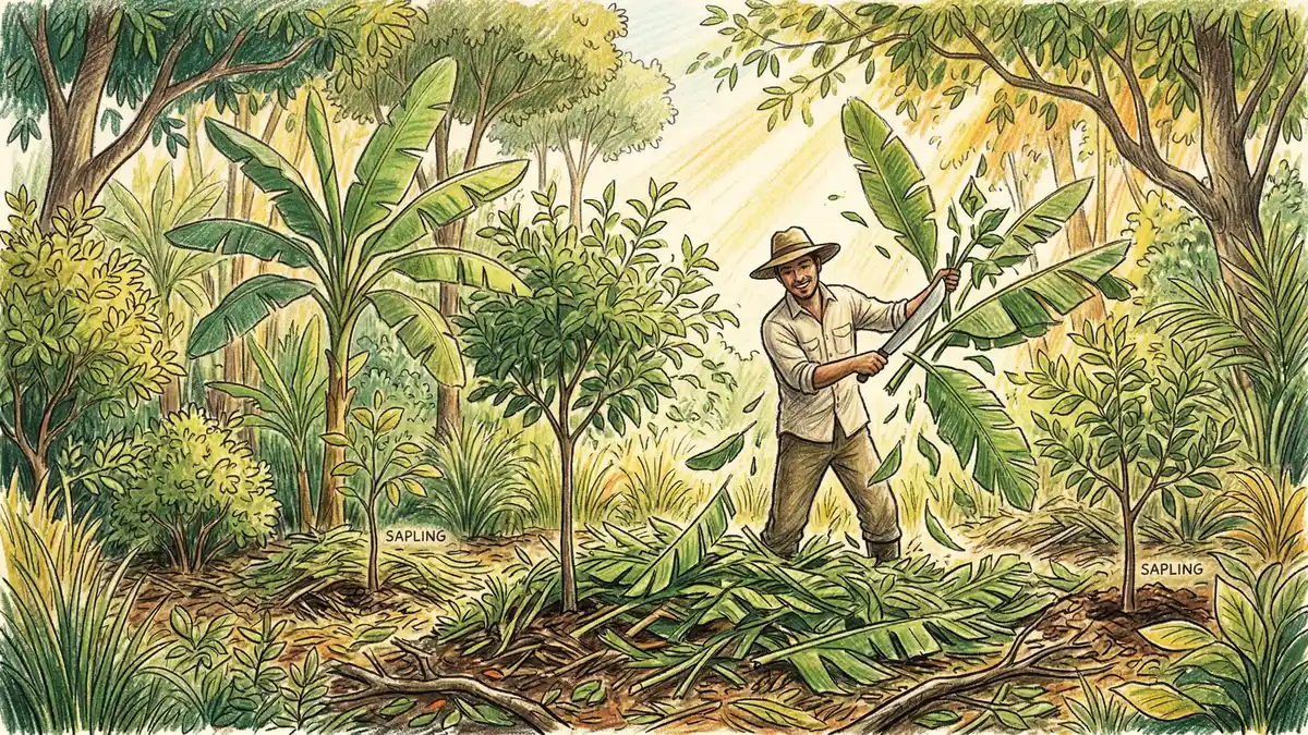 A farmer using a machete to chop banana leaves and pioneer shrubs, dropping the cut biomass as mulch around young fruit tree saplings in a syntropic row