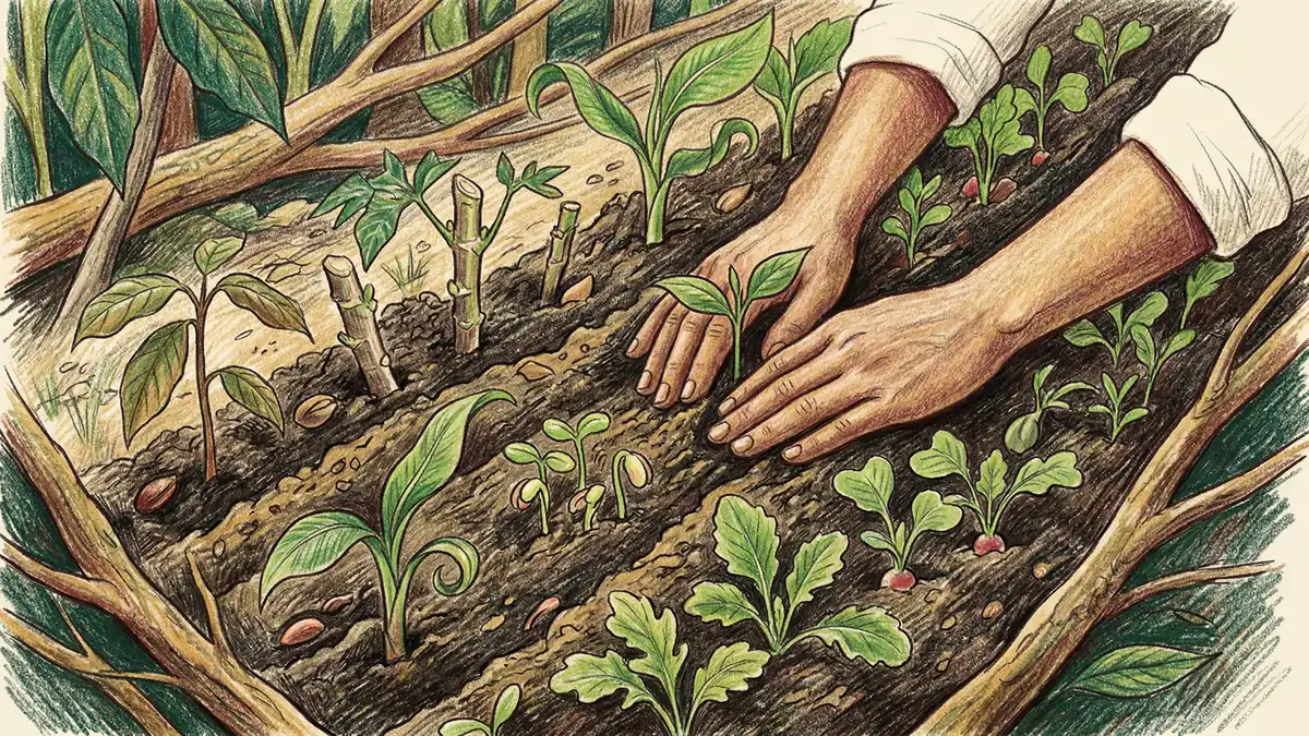 Close-up of a dense syntropic seed strip with bananas, cassava, beans, mustard and young cocoa seedlings interplanted in alternating clumps