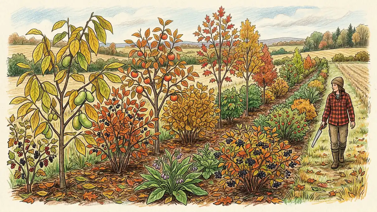 A temperate Pennsylvania syntropic agroforestry row with pawpaw, persimmon, serviceberry, hazelnut, currants, and hardwood saplings in autumn light