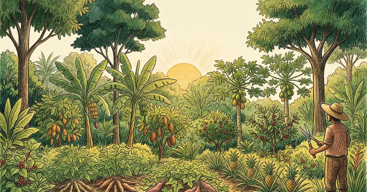 Pencil-crayon illustration of a multi-layered syntropic farm at sunrise with banana, cocoa, and emergent hardwood trees