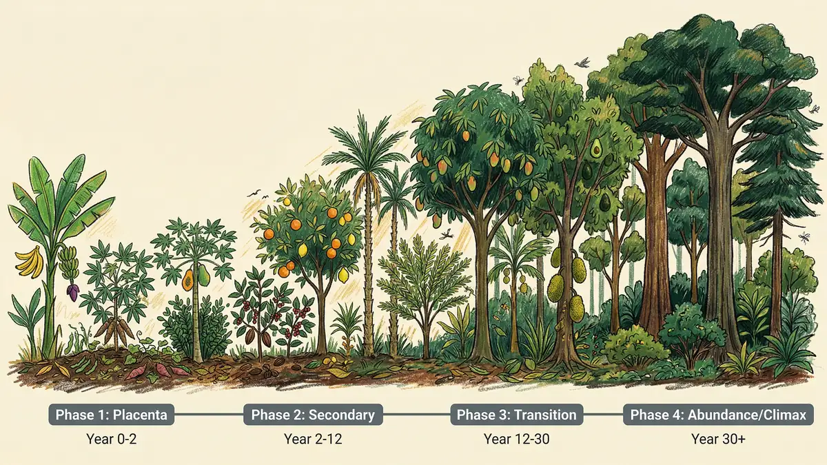 Infographic showing four succession phases of a syntropic system from placenta pioneers through climax hardwoods over 30 years