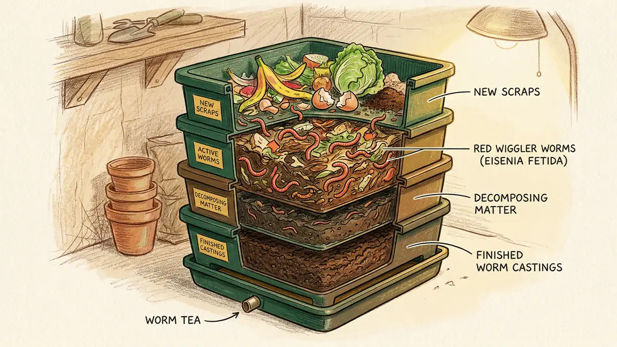 Pencil crayon cross-section cutaway of a stacked worm bin showing red wigglers processing kitchen scraps into dark finished worm castings