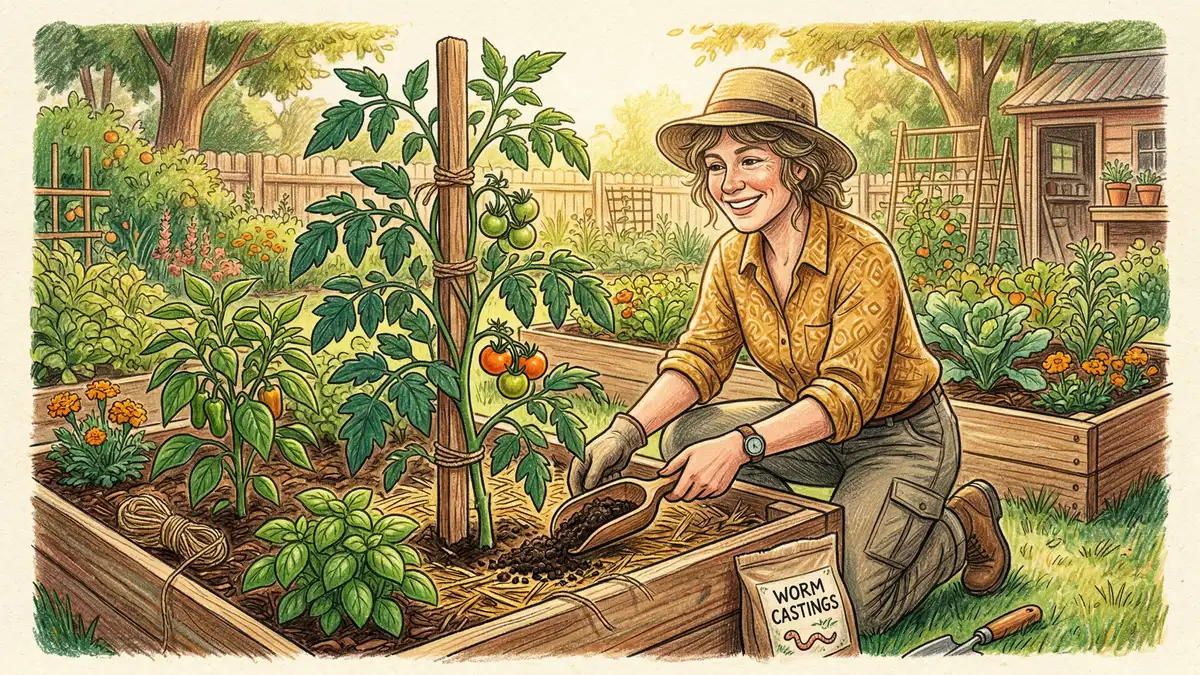 Pencil crayon illustration of a gardener side-dressing tomato and pepper plants with worm castings in a sunny raised bed garden