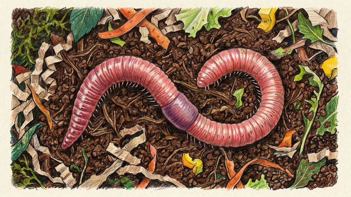 Close-up pencil crayon illustration of a red wiggler worm Eisenia fetida on a bed of dark worm castings