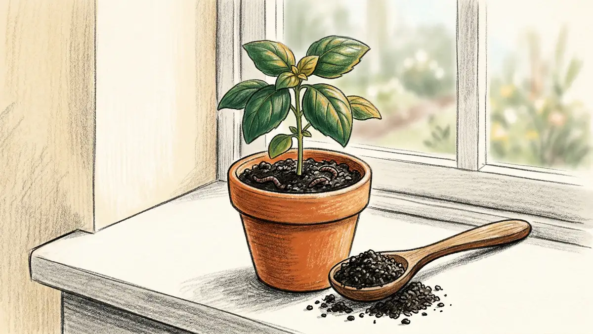 Pencil crayon illustration of a terracotta pot with a young basil seedling growing in potting mix with visible worm castings and a wooden tablespoon
