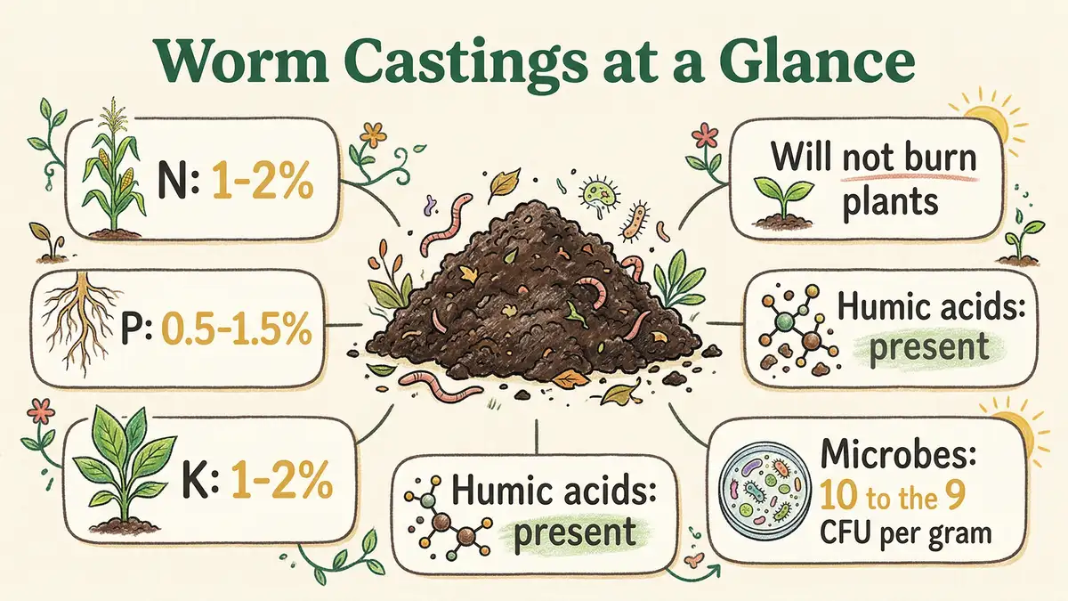 Pencil crayon infographic showing worm castings NPK percentages and microbe counts with GrowPerma earth green palette