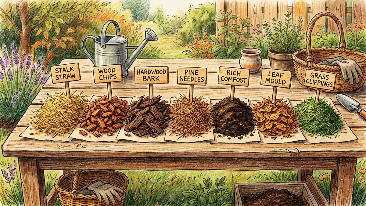 Seven types of garden mulch arranged on a wooden table: straw, wood chips, bark, pine needles, compost, leaves, and grass clippings