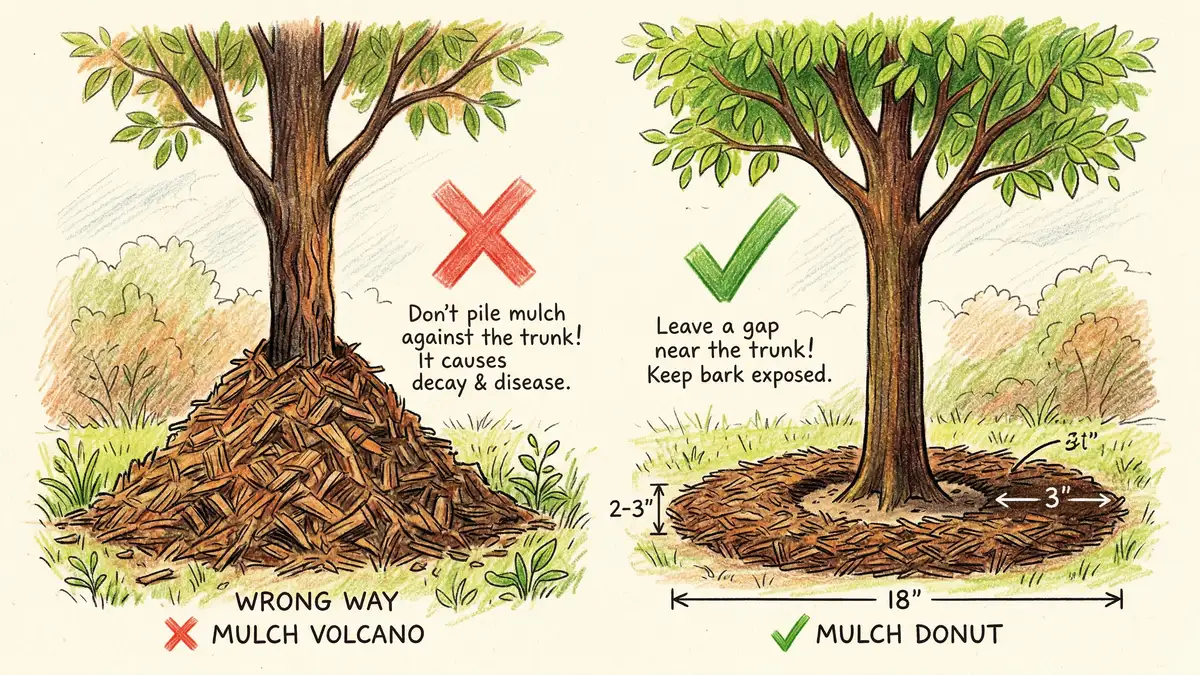 Comparison of harmful volcano mulching piled against a tree trunk versus a correct flat mulch donut around the base