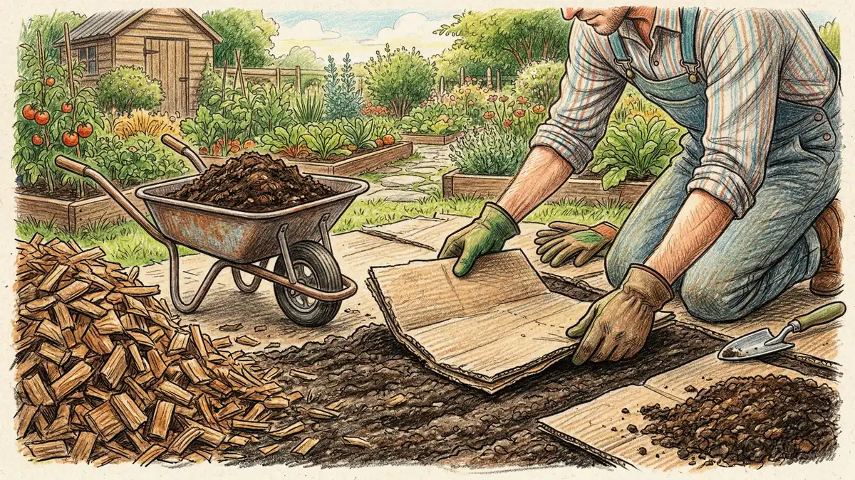 Gardener laying cardboard sheets over bare soil with compost and wood chips for permaculture sheet mulching