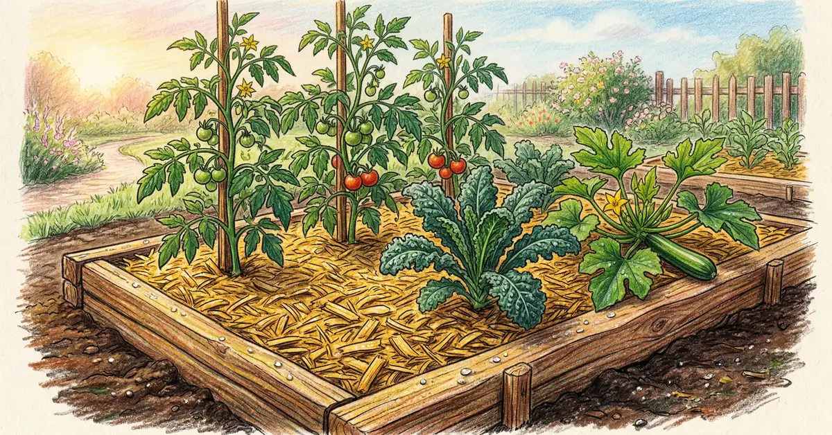 Home garden bed mulched with wood chips around tomatoes, kale, and zucchini with morning sunlight