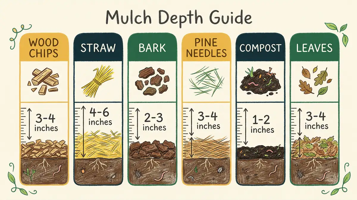 Mulch depth guide infographic showing recommended inches for wood chips, straw, bark, pine needles, compost, and leaves