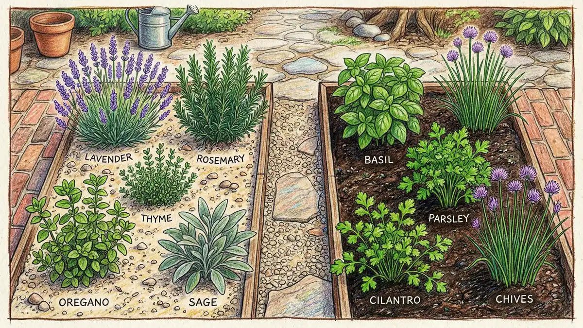 Split garden bed showing Mediterranean herbs thyme rosemary oregano on one side and moisture-loving basil parsley cilantro on the other in pencil crayon illustration style