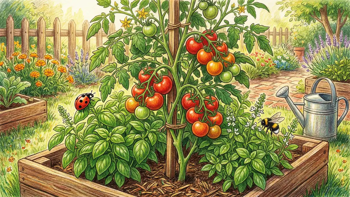 Tomato plant with basil companion showing whitefly deterrence in warm pencil crayon illustration style with garden foliage