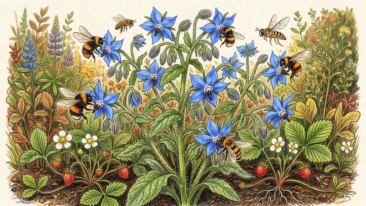 Borage flowers with bees and beneficial insects pollinators in pencil crayon garden illustration