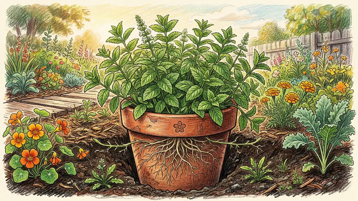 Mint plant contained in terracotta pot showing rhizome containment in pencil crayon illustration