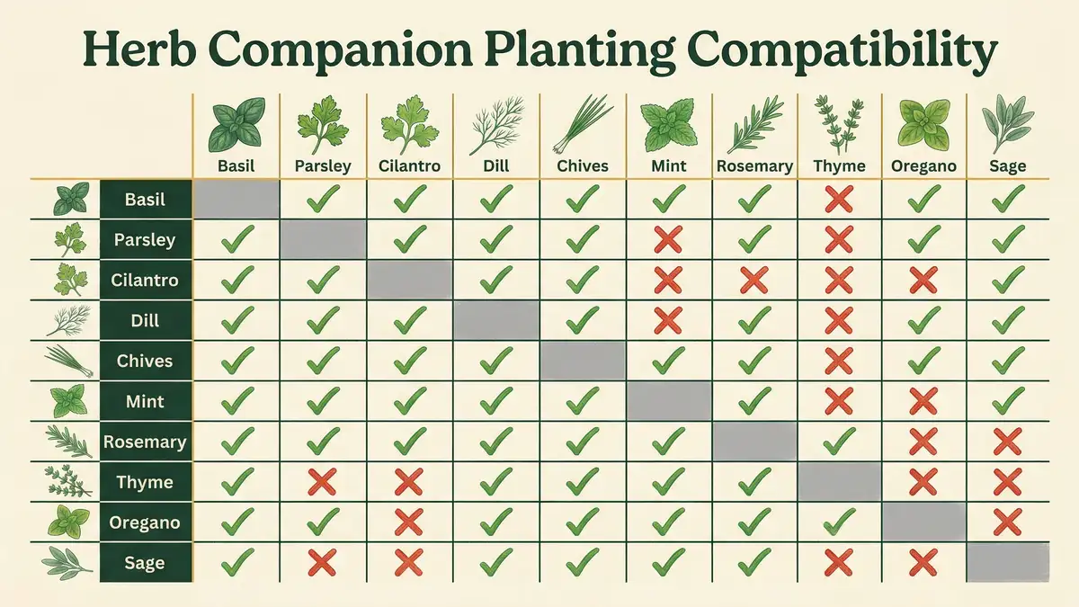 Herb compatibility infographic showing Mediterranean and moisture-loving herb groupings with good pairings and conflicts in pencil crayon style