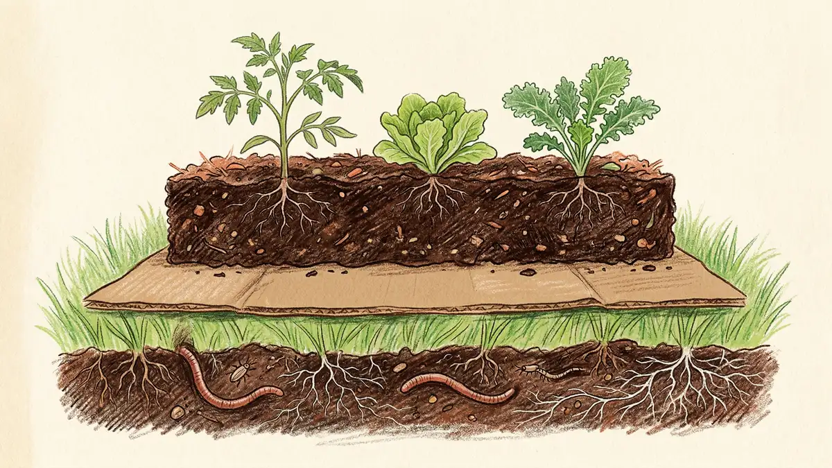Cross-section diagram of a no dig gardening bed showing cardboard layer, 4 inches of compost, vegetable seedlings, and earthworms with mycorrhizal fungi below