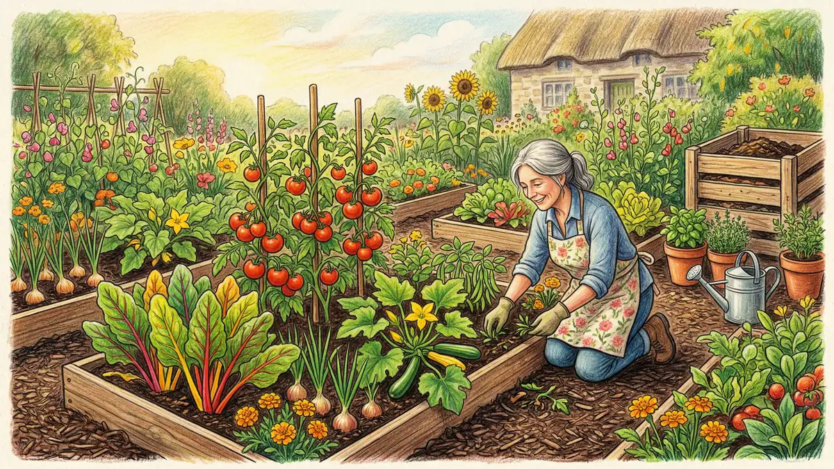 Mature no dig gardening bed in summer with rainbow chard, tomatoes, zucchini, and marigolds thriving in thick compost mulch