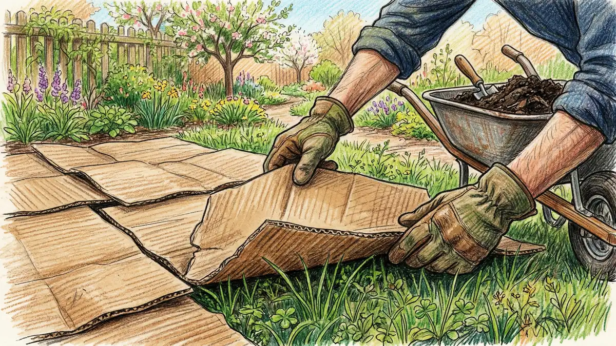 Gardener's hands laying plain brown cardboard sheets over grass next to a wheelbarrow of dark compost for a no dig gardening bed