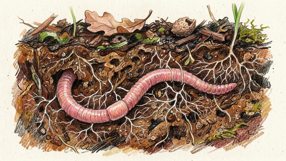 Close-up of a large pink earthworm in dark no dig gardening compost with seedling roots and white mycorrhizal fungal threads